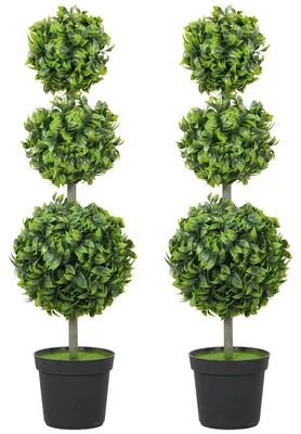 Image de Plantes artificielles en buis - Lot de 2 - 100 cm - Avec pots - Protégées contre les UV - En polyéthylène (PE) - Pour l'extérieur