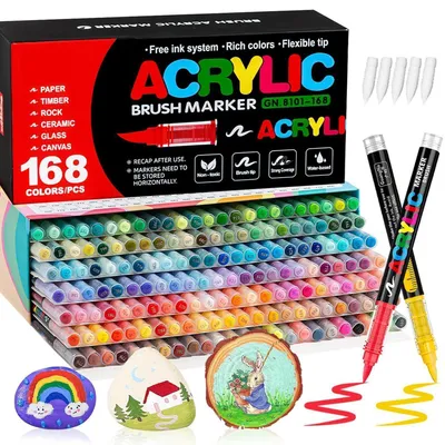 Produktbild von Acrylstifte Set 168 Farben wasserfest Pinselspitze 1-6 mm für Steine Glas Holz Keramik Metall Leinwand