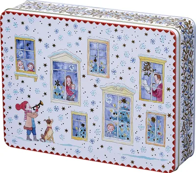 A Christmas-themed tin box with illustrations of a house with windows, people, and snow.