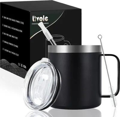 Produktbild von Famanu Campingbecher 350 ml - Edelstahl, mit Deckel und Strohhalm, schwarz
