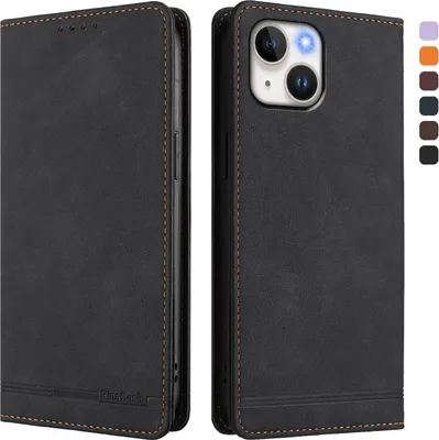 Produktbild von Hülle für iPhone 15, Retro Kunstleder Ständer Klapphülle mit Kartenfächer und Magnetische Schwarz