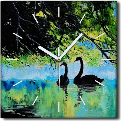 Produktbild von Coloray Uhr auf Leinwand 30x30 cm Wand Uhr Dekoration Wohnzimmer Segeltuch weiße Zeiger -Schwäne Vögel Tier.