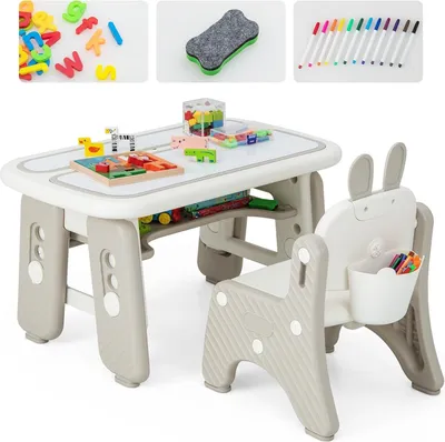 Produktbild von COSTWAY Kindertisch mit Stuhl, Schreibtisch höhenverstellbar mit aufklappbarem Bücherregal & magnetischem Zeichenbrett, Zeichentisch Aktivitätstisch mit Stauraum & Malzubehör für Kinder bis 12 Jahren