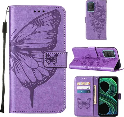 Produktbild von OPPO Realme 8 5G Hülle, Schmetterling Prägung Flip Leder Kartenfächer Schutzhülle Ledertasche mit Ständer für OPPO Realme 8 5G / Realme V13 5G / Narzo 30 5G Violett