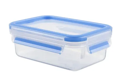 A clear, studio shot of a rectangular food storage container with a blue lid and clasps, set against a white background.