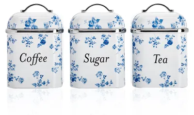 Produktbild von Laura Ashley Vorratsdosen Set 3er Edelstahl Tee Kaffee Zucker Aufbewahrung mit abnehmbaren Deckeln China Rose