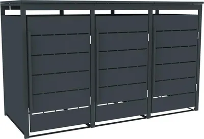 A dark gray, three-door trash bin enclosure is shown against a white background.