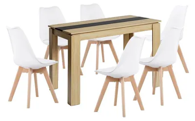 Image de Ensemble de salle à manger comprenant une table rectangulaire en chêne et noir, de 110 cm, avec 6 chaises blanches