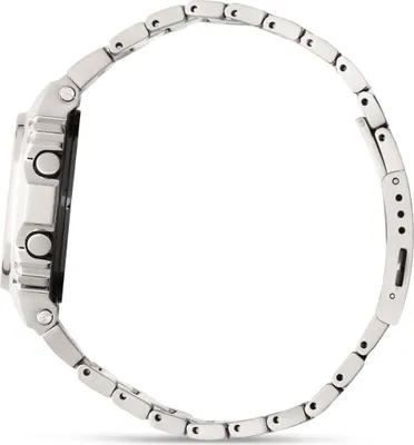 Side view of a silver metal watch band and case.