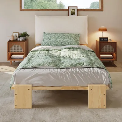Produktbild von Flieks Holzbett Klassisches Bett 90x200cm mit gepolsterter Rückenlehne, Jugendbett Kinderbett mit Lattenrost, Einzelbett Naturbelassen
