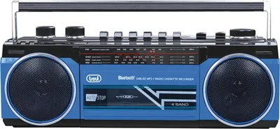 A blue and black portable radio cassette recorder with speakers and controls.