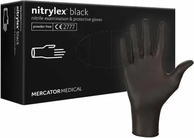 A box of black nitrile examination and protective gloves with one glove displayed next to it.