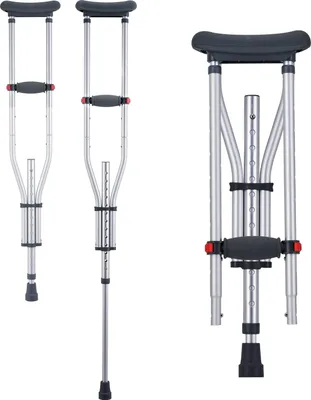 Three crutches are displayed against a white background. Two are shown fully extended and side-by-side, while the third is shown folded and to the right.