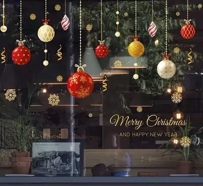 Produktbild von Fensterbild Weihnachtsdeko Fensterfolie W9 Weihnachtsgirlande & Christbaumkugeln & Schneeflocken selbstklebend Weihnachten Advent