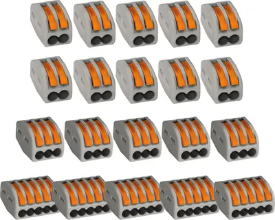 Produktbild von WAGO 222 Klemmen 2 polig, 3 polig und 5 polig 0,08 bis 4mm², Verbindungsklemmen mit Hebel, Kunststoff, 20-teilig