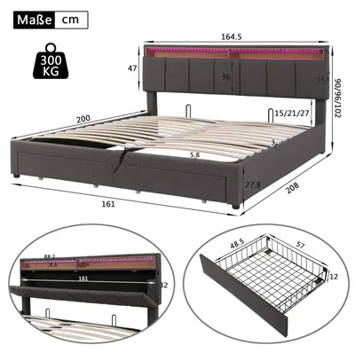 Immagine prodotto di Letto imbottito - Letto matrimoniale - 160 x 200 cm - 2 cassetti - Spazio contenitore con sistema idraulico - Grigio scuro