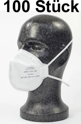 Produktbild von 100 Stück FFP2-Maske, , gepolsterte Nasenbügel verstellbares Band mit Schnappverschluss Atemschutzmaske Staubmaske weiß, Gummiband hinterm Kopf, angenehmes Tragen