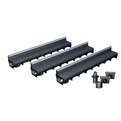Produktbild von 3er Pack MEAPARK-Entwässerungsrinnen mit Schlitzaufsatz + E-BLADE L aus Edelstahl
