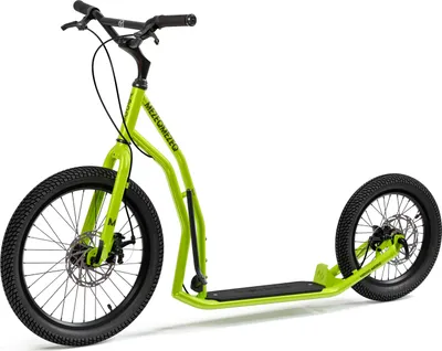 A lime green scooter with large wheels and disc brakes is shown against a white background.
