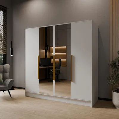 Produktbild von Masseno Drehtürenschrank RENVO 200/200/51 cm Modern Kleiderschrank 4-türig mit Spiegel Weiß