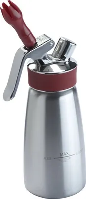 A stainless steel whipped cream dispenser with a red nozzle and handle.