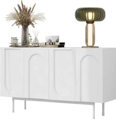 Productafbeelding van AIORBER Moderne dressoir, wit, 4 deuren, minimalistisch design met boogpatroon, geschikt voor woonkamer en eetkamer, veel opbergruimte, 140x42x80 cm, wit