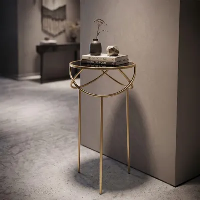 Immagine prodotto di Tavolino laterale a forma di anello, specchio in vetro, 40x80 cm, nero e oro, design di Mauro Ferretti