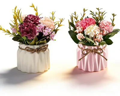 Kunstblumen Hortensie 2er-Set mit Vase, Weiß/Rosa, 14,5 cm