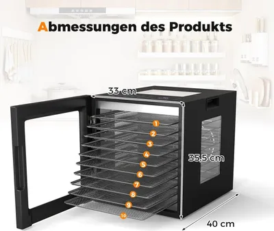Obrázek produktu pro Sušička potravin s 10 nerezovými tácy, 48h časovač, 30-75