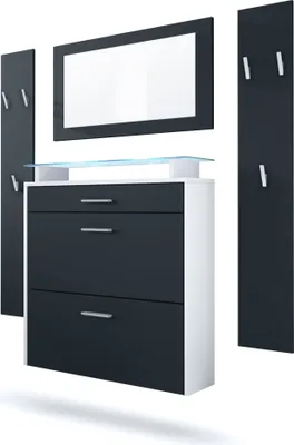 Produktbild von Vladon Garderobe Malea, Garderobenset bestehend aus 1 Hängeschuhschrank, 1 Wandspiegel und 2 Garderobenpaneele, Weiß matt/Schwarz matt