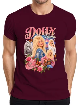 Zdjęcie produktu dla Dolly Parton, koszulka męska z motywem country, muzyka country, kowbojka, western, gitara, styl retro, kolor burgundowy, rozmiar M