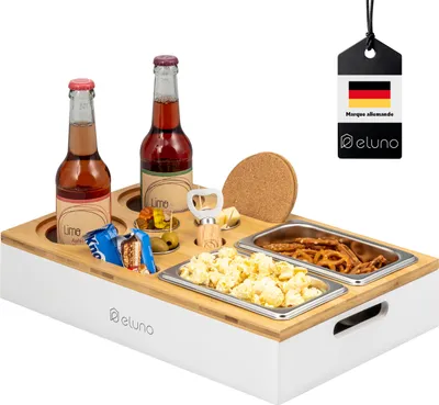 Image de eluno Bar de canapé, plateau de service, plateau de canapé en bambou avec coupelles à snacks en acier inoxydable, porte-boissons inclus, blanc
