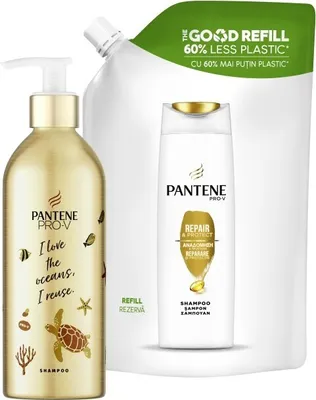 Produktbild von Pantene Pro-V Shampoo - Repair & Care Nachfüllbare Aluminiumflasche +  Nachfüllpack -  910ml