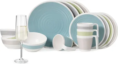 Produktbild von Melamin Camping Geschirr Set 4 Personen Harmonie 16 Teilig + Milano Gläser Champagner-Gläser Flûtes Tafelgeschirr Picknick BBQ Kochgeschirr