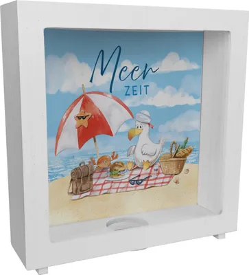 Produktbild von Möwe am Strand Rahmen Spardose aus Holz mit Spruch Meerzeit
