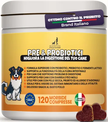 Immagine prodotto di HEALTHY LOVE Probiotici per Cani, 120 Snack, Fermenti Lattici Cane in Morbidi Croccantini, Allevia prurito, diarrea e regola l'intestino