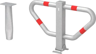 Produktbild von Alberts Parkplatzbügel Stoppy II umlegbar feuerverzinkt passiviert mit vier roten reflektierenden Ringen zum Einbetonieren