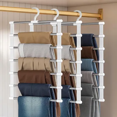 Productafbeelding van Broekhangers - Set van 3 - Ruimtebesparend - Metaal - 6 vakken - Broekkleerhanger - Inklapbaar - Wit - 360° draaibaar