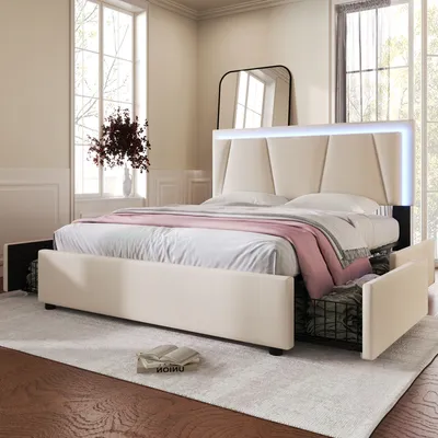 A bedroom scene with a bed, mirror, and window.