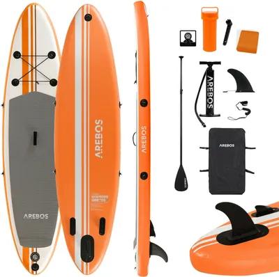 Zdjęcie produktu dla Deska SUP AREBOS, stand up paddling, deska surfingowa, 300cm, nadmuchiwana, jednowarstwowa, aluminiowe wiosło, pompka wysokociśnieniowa, plecak transportowy, nośność 115kg, pomarańczowy