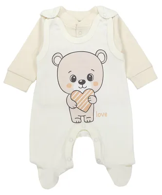 Zdjęcie produktu dla TupTam Baby girls boys romper with long sleeve shirt print saying 2 pieces, Kolor: Love Teddy / Stripes Beige Ecru, Rozmiar: 56