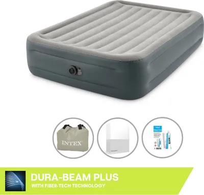Produktbild von Intex Luftbett - 2 Personen - 152 x 203 x 46 cm - Grau - Mit eingebauter Pumpe, Spannbettlaken Weiß en Reperaturset