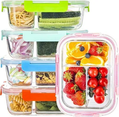 Produktbild von Famanu Set von 5 Glas Lebensmittelaufbewahrungsbehältern mit 3 Fächern - Transparent