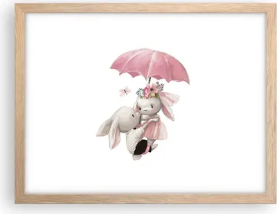 Produktbild von Gerahmtes Poster - Rahmen in heller Eiche - Hasen Regenschirm Kinder - 40x30 cm - Wand Bild - Wanddeko - Wandbilder - Kunstposter - Wandposter - Bilderrahmen - Bilder - Kunstdruck - P2NAA40x30-4777
