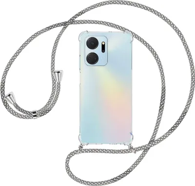 Produktbild von Handykette Backcover-Schutzhülle mit Band (Metall silberfarben) für Honor X7a (6.75'') - weiß/grau kariert