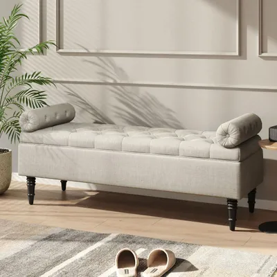 Produktbild von Livingandhome Beige Sitzbank im Chesterfield-Stil – mit Stauraum, Armrollen & Leinenbezug