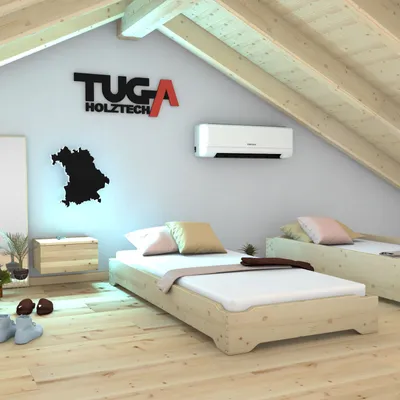 A room with two wooden beds, an air conditioner, and wall decorations.
