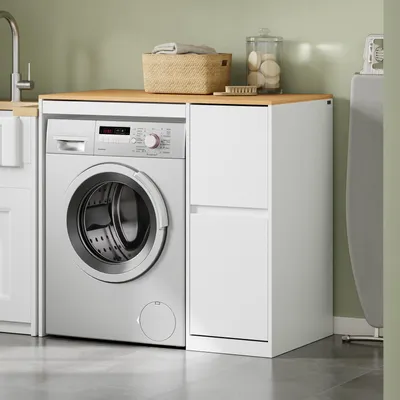 SoBuy Waschmaschinenunterschrank BZR223-WN mit Holzplatte und Schubladen im modernen Waschraum