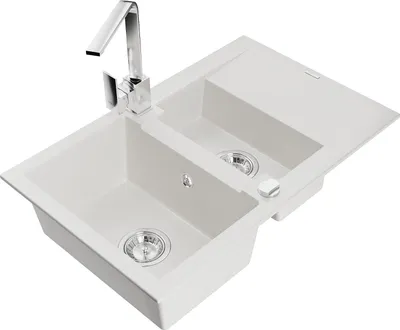 Image de Mexen Gaspar évier en granit 1,5 bac avec égouttoir et mitigeur Rita, blanc - 6507-20-670300-00