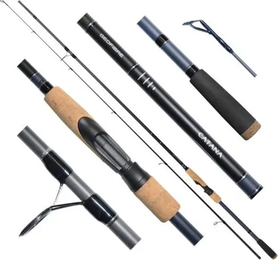 A collage of fishing rods and parts against a white background.